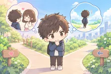 分かれ道で真剣に考える男性
